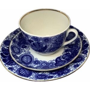 Vintage USSR LOMONOSOV Tea Cup and Saucer‎ " Blue Birds" 22K Gold 3 Piece Set